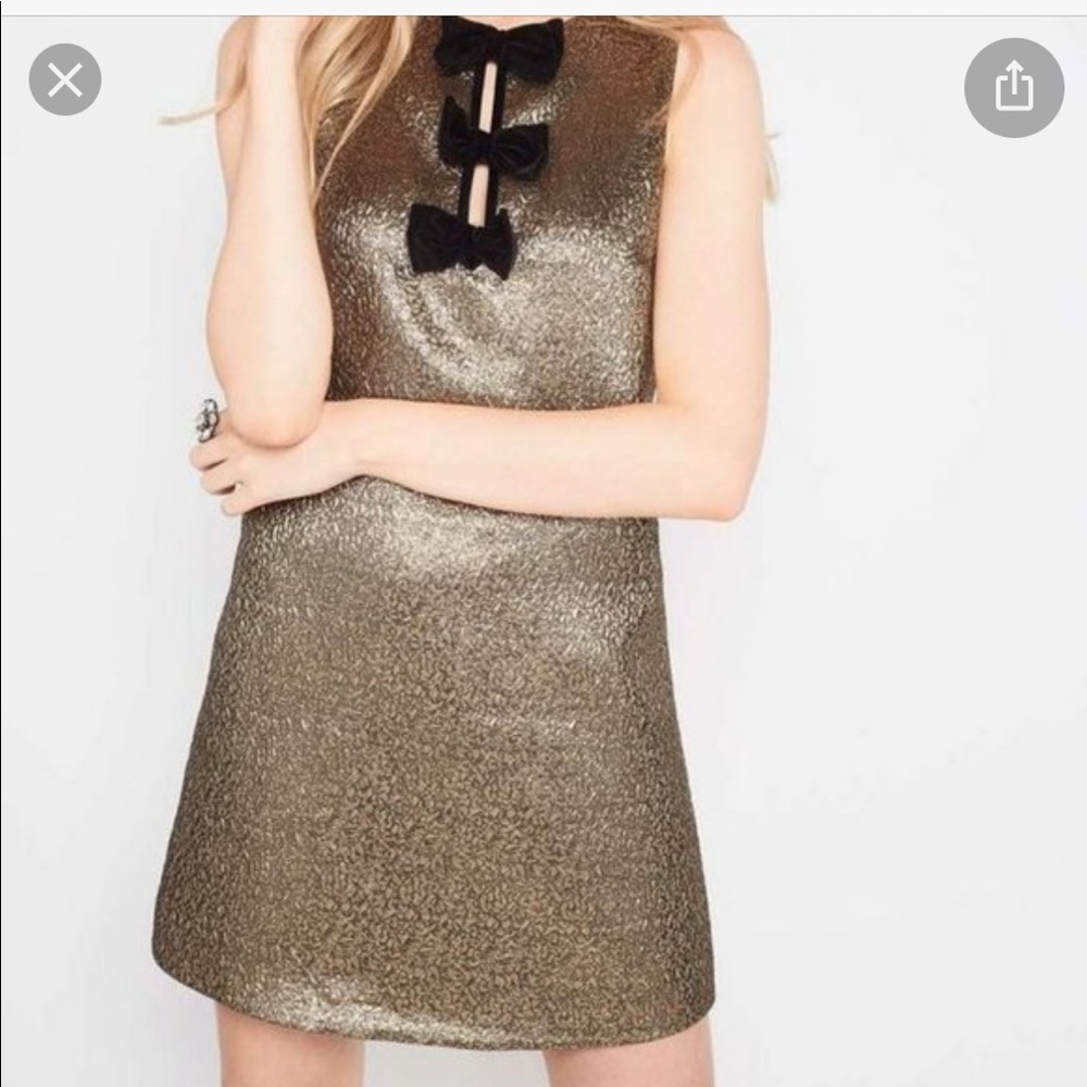 Miss Selfridge gold dress with velvet bow